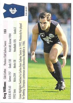 1993 Select AFL #153 Greg Williams Back
